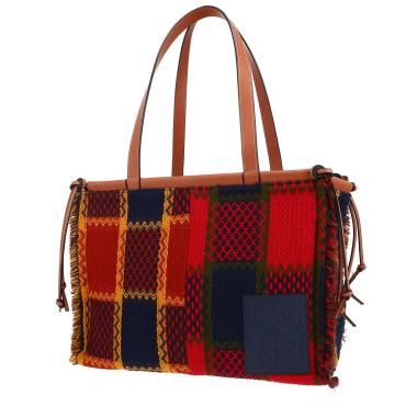Loewe  Cushion shopping bag  in red and blue woollen fabric  and brown leather