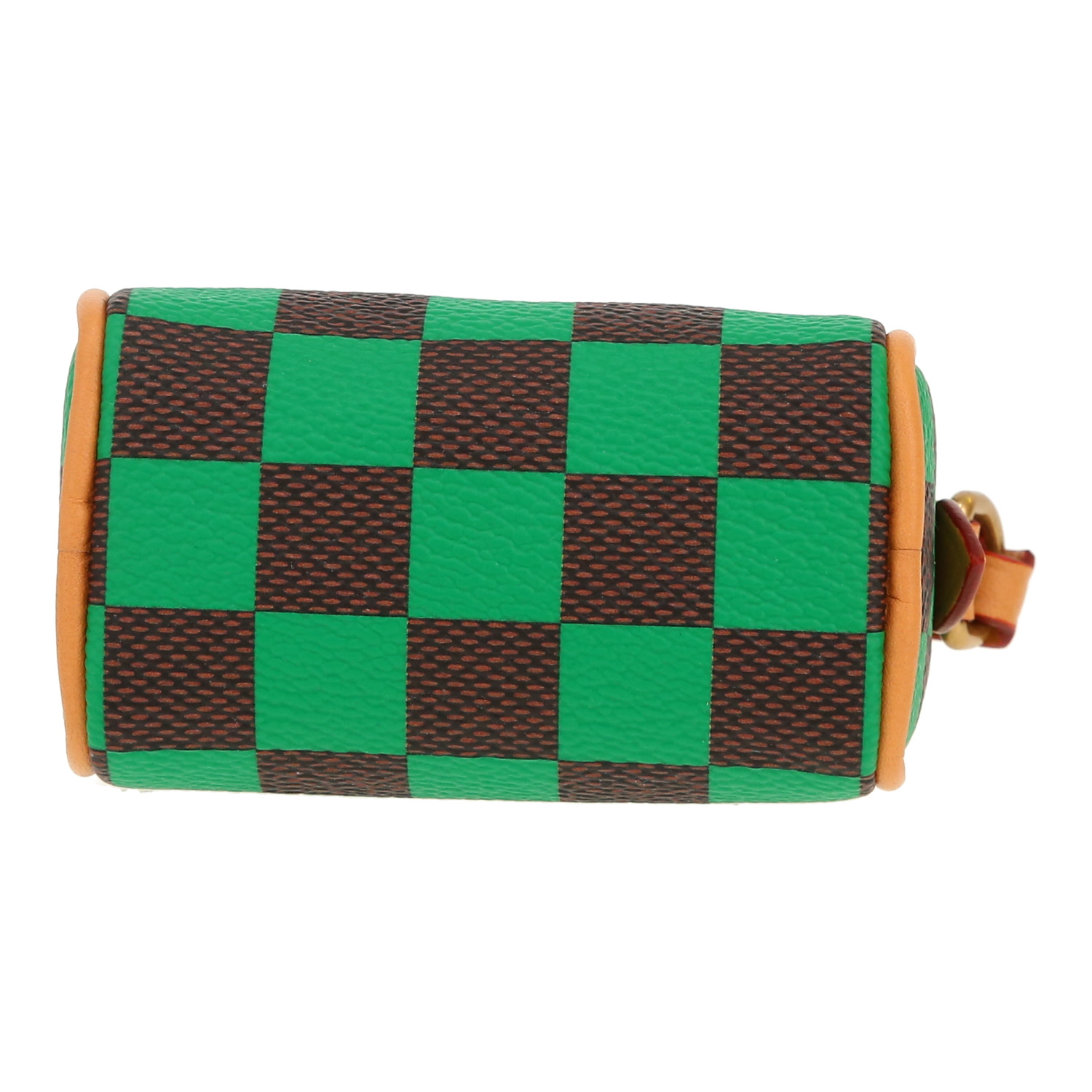 Porte-clef Louis Vuitton Nano Speedy en toile damier marron et verte et cuir naturel - Detail D1