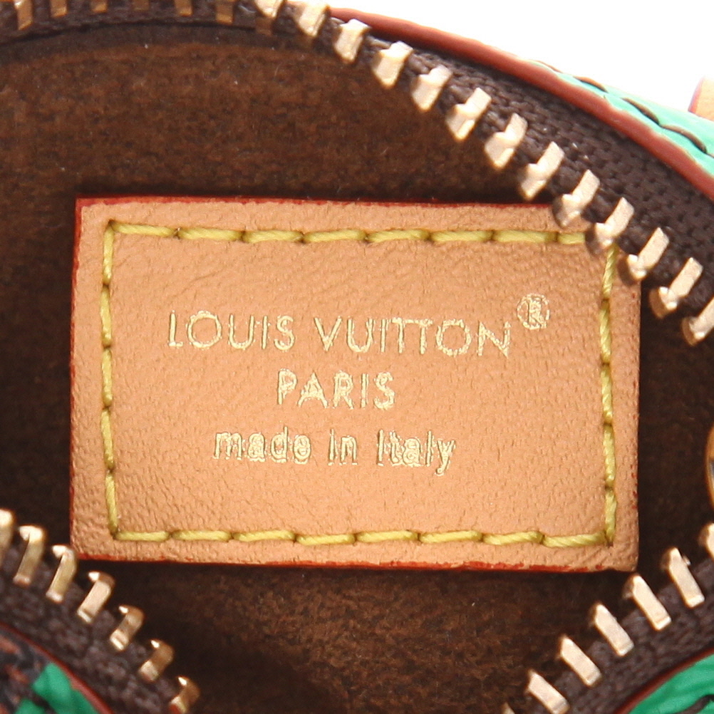 Porte-clef Louis Vuitton Nano Speedy en toile damier marron et verte et cuir naturel - Detail D2