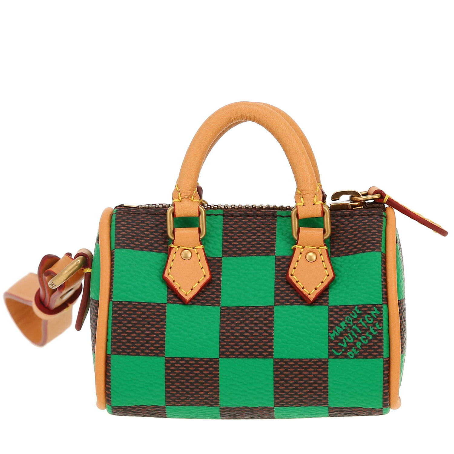Porte-clef Louis Vuitton Nano Speedy en toile damier marron et verte et cuir naturel - Detail D4
