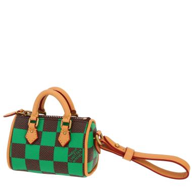 Portachiavi Louis Vuitton  Nano Speedy in tela a scacchi marrone e verde e pelle naturale