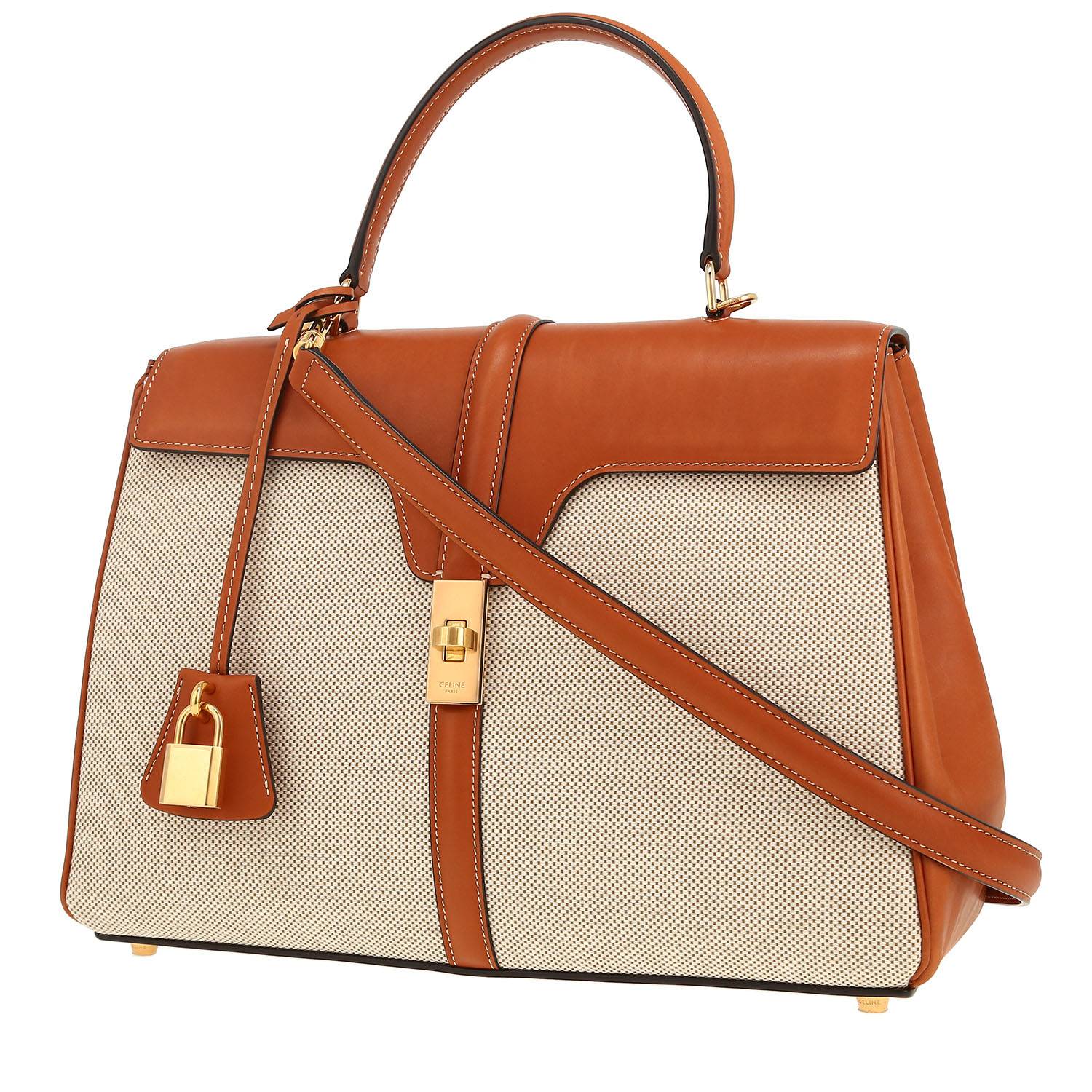 Bolso de mano Celine  16 modelo mediano  en cuero natural marrón y lona beige