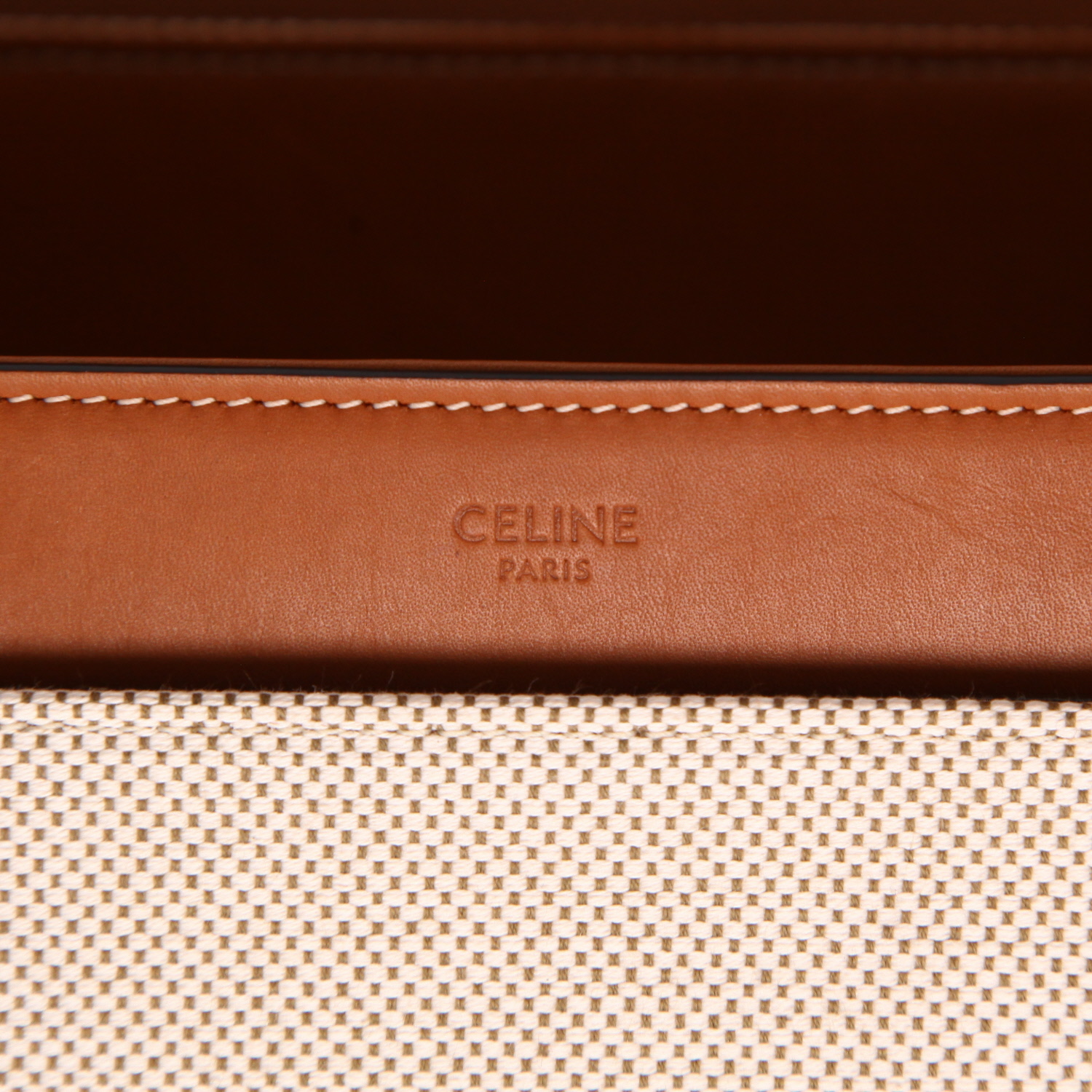 Celine 16 medium model handbag in brown natural leather and beige canvas - Detail D2
