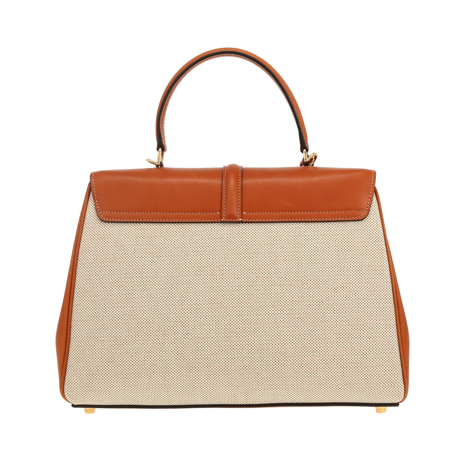 Celine 16 medium model handbag in brown natural leather and beige canvas - Detail D4