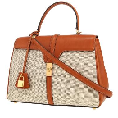 Sac à main Celine  16 moyen modèle  en cuir naturel marron et toile beige
