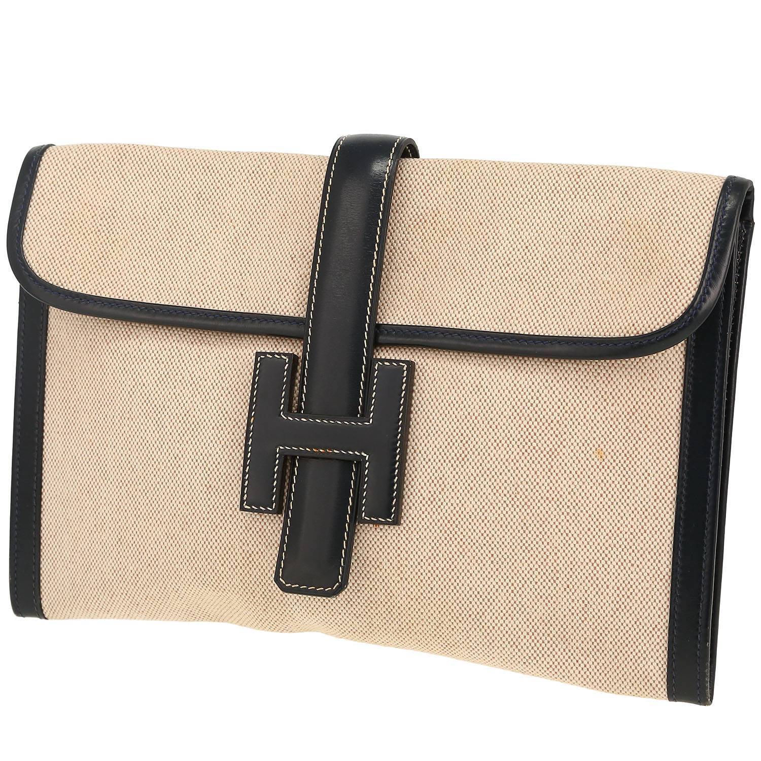 Pochette Hermès  Jige in tela beige e pelle box blu marino