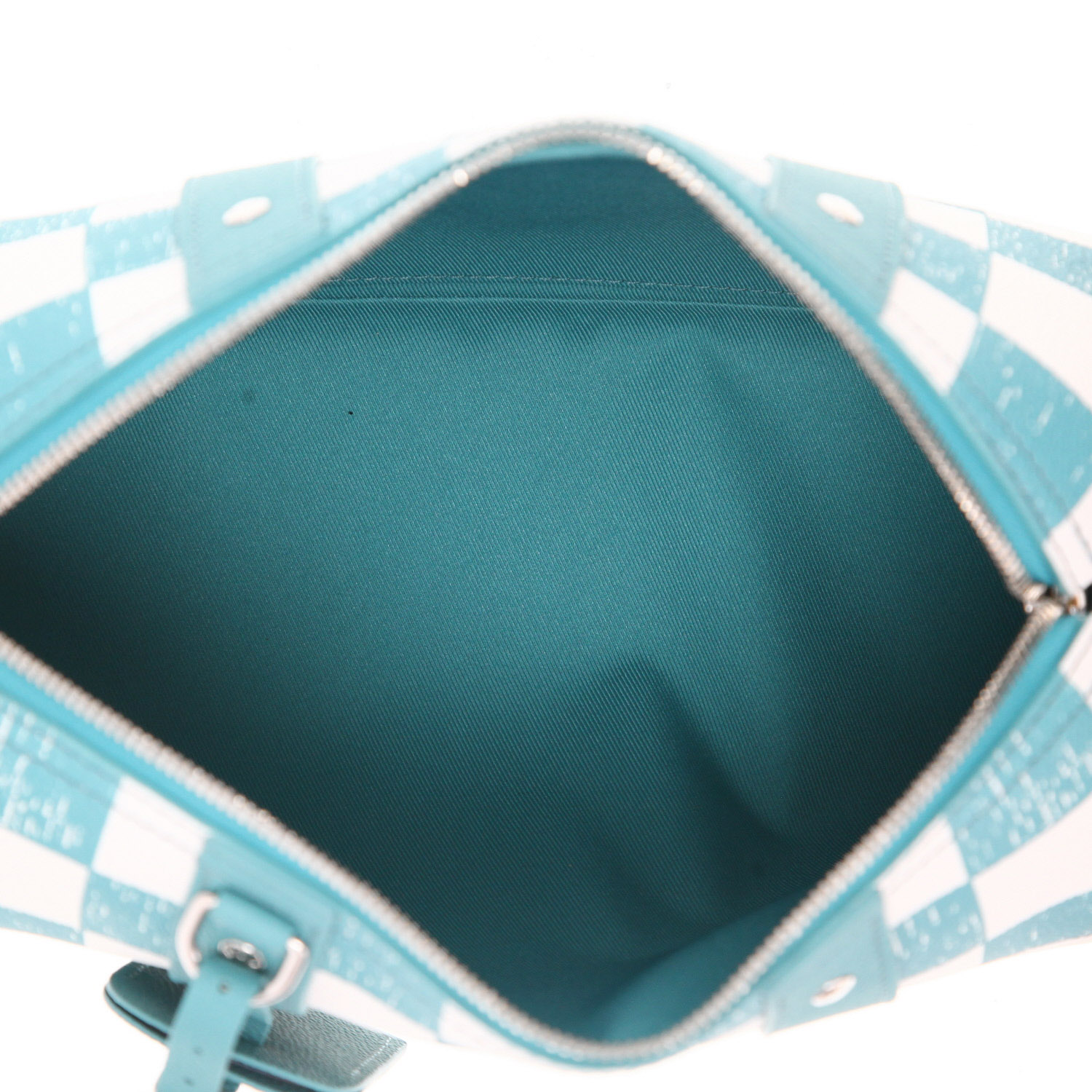 Bolso bandolera Louis Vuitton  City Keepall en lona a cuadros turquesa y blanca y cuero turquesa - Detail D3