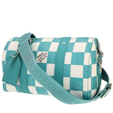 Borsa a tracolla Louis Vuitton  City Keepall in tela a scacchi turchese e bianca e pelle turchese