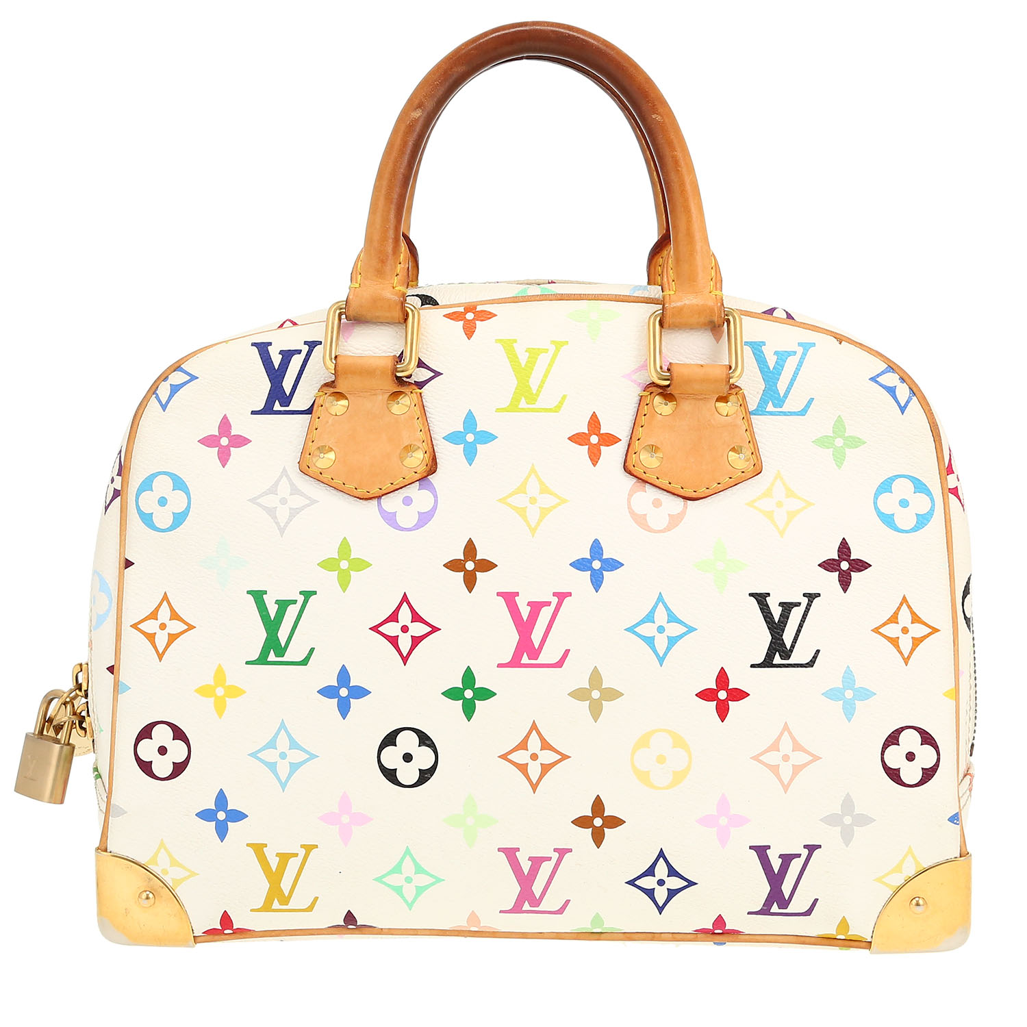 Sac à main Louis Vuitton  Trouville en toile monogram blanche et multicolore et cuir naturel - Detail D4