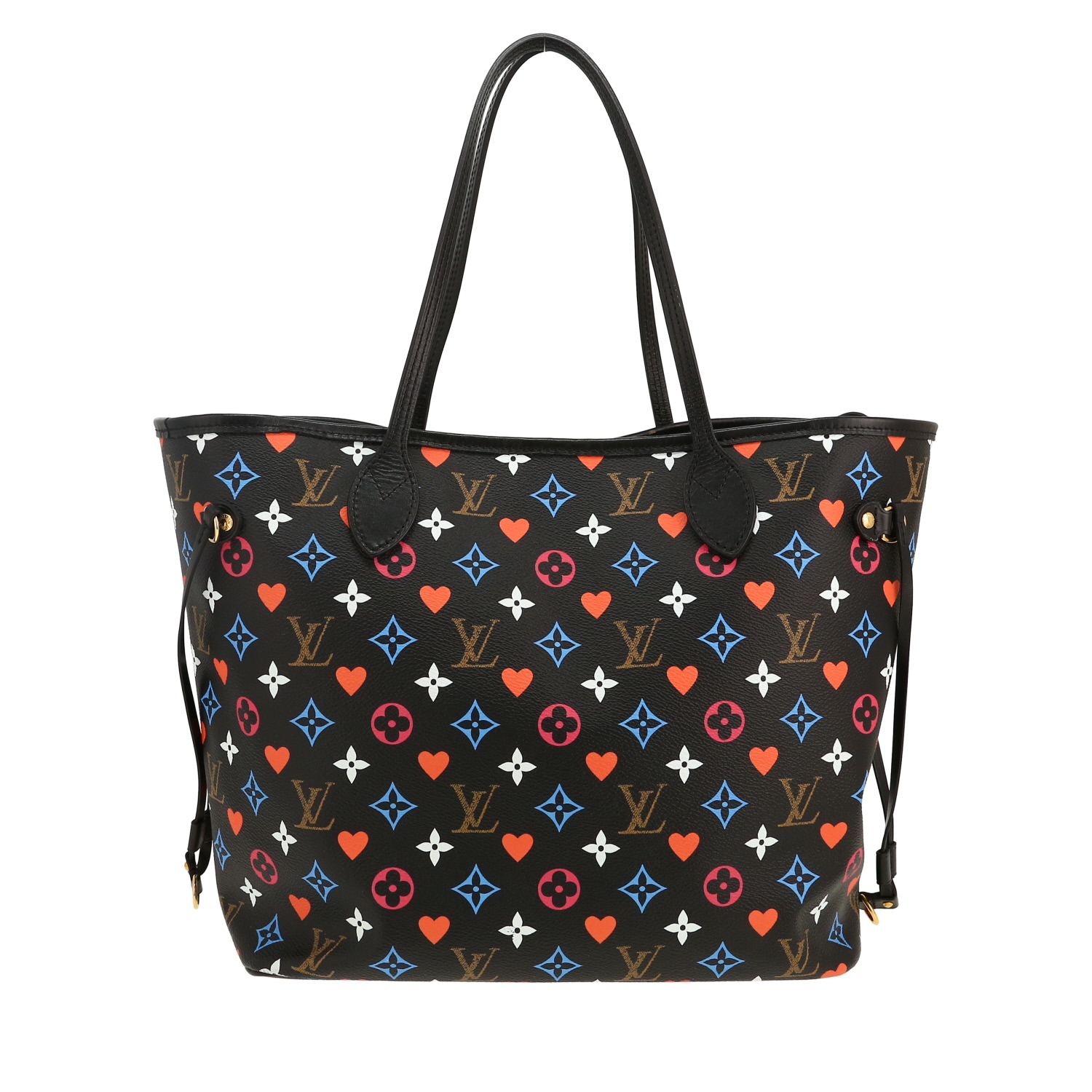 Bolso Louis Vuitton  Neverfull Editions Limitées en lona Monogram roja, negra azul y blanca y cuero negro - Detail D4