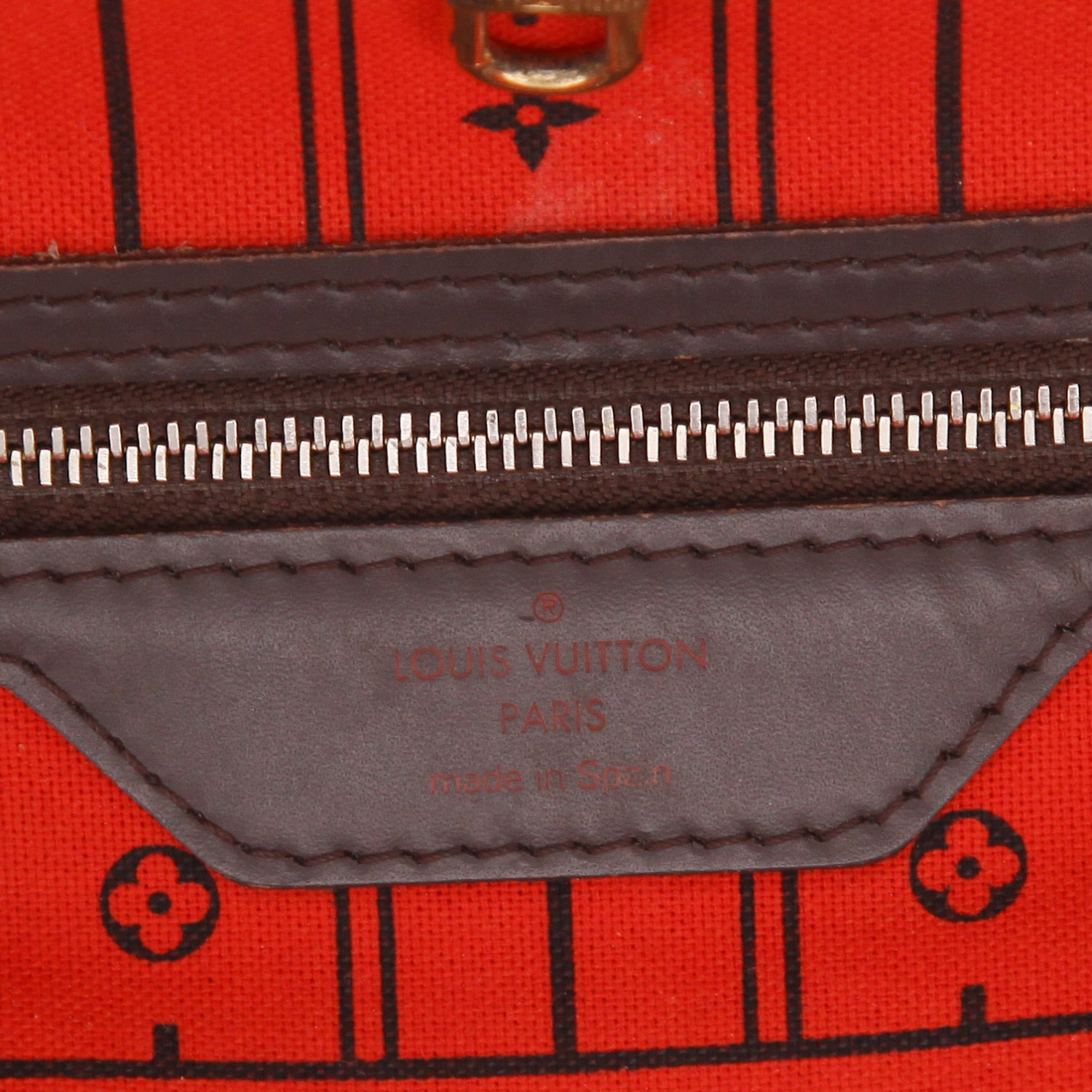 Louis Vuitton Neverfull medium model shopping bag in ebene damier canvas and brown leather - Detail D2