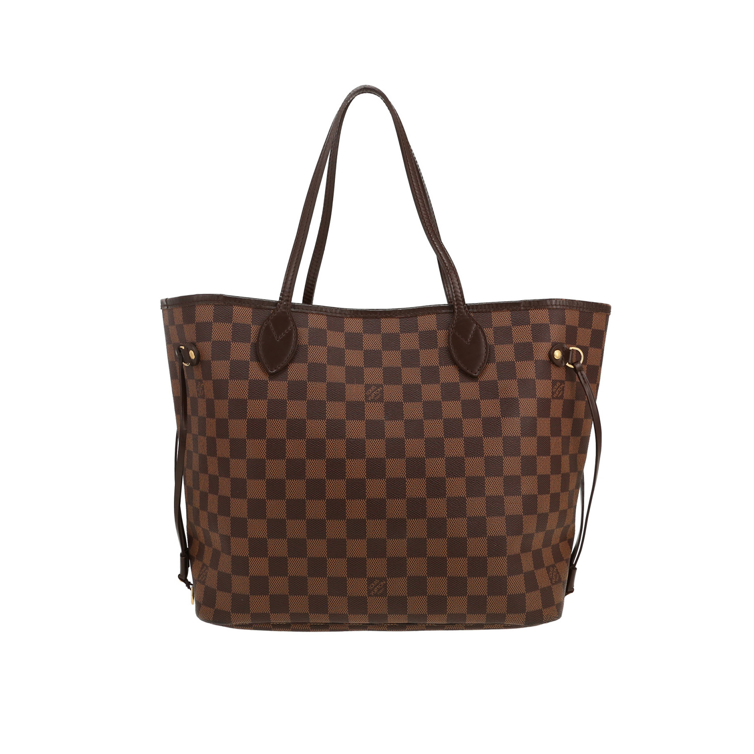 Sac cabas Louis Vuitton  Neverfull moyen modèle  en toile damier ébène et cuir marron - Detail D4