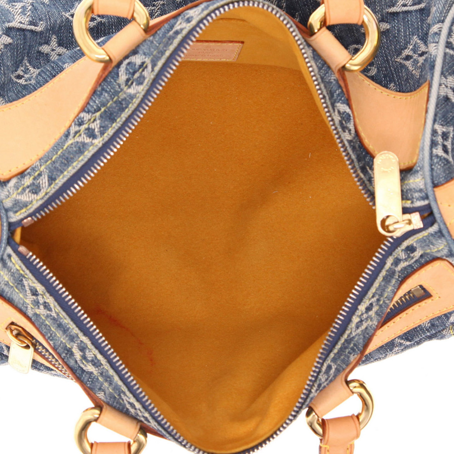 Bolso de mano Louis Vuitton  Neo Speedy en denim azul y cuero natural - Detail D3