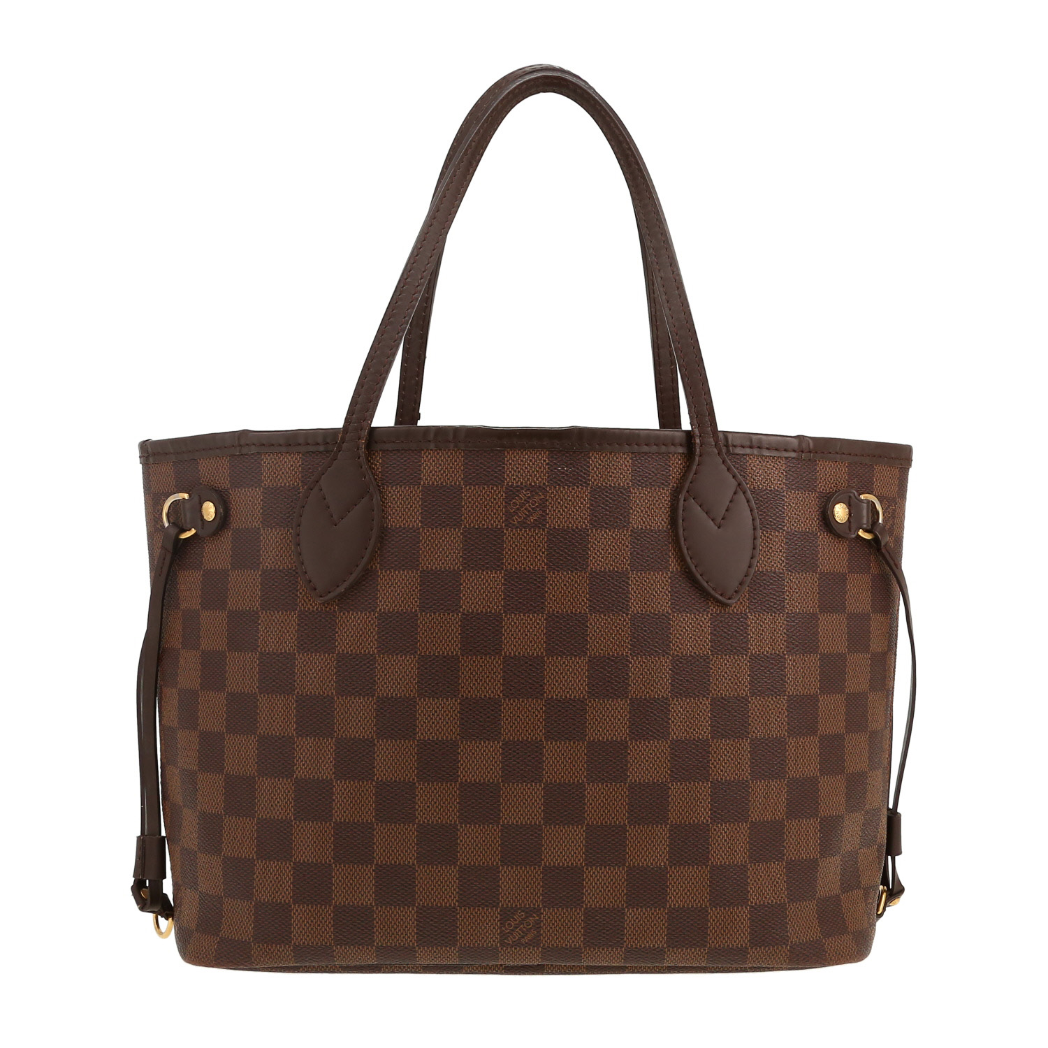 Louis Vuitton  Neverfull small model  shopping bag  in ebene damier canvas  and brown leather - Detail D4