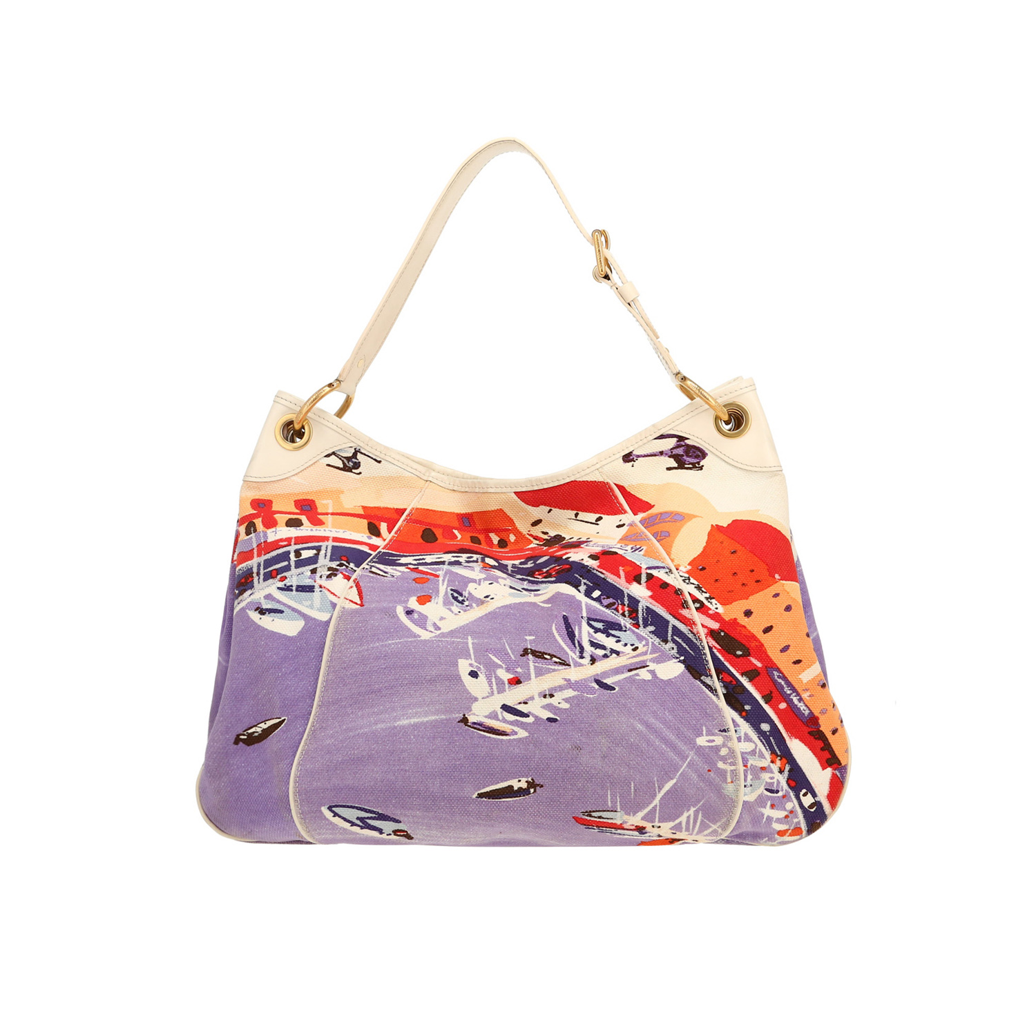 Bolso de mano Louis Vuitton  Galliera en lona blanquecina color lila y roja y cuero blanquecino - Detail D4