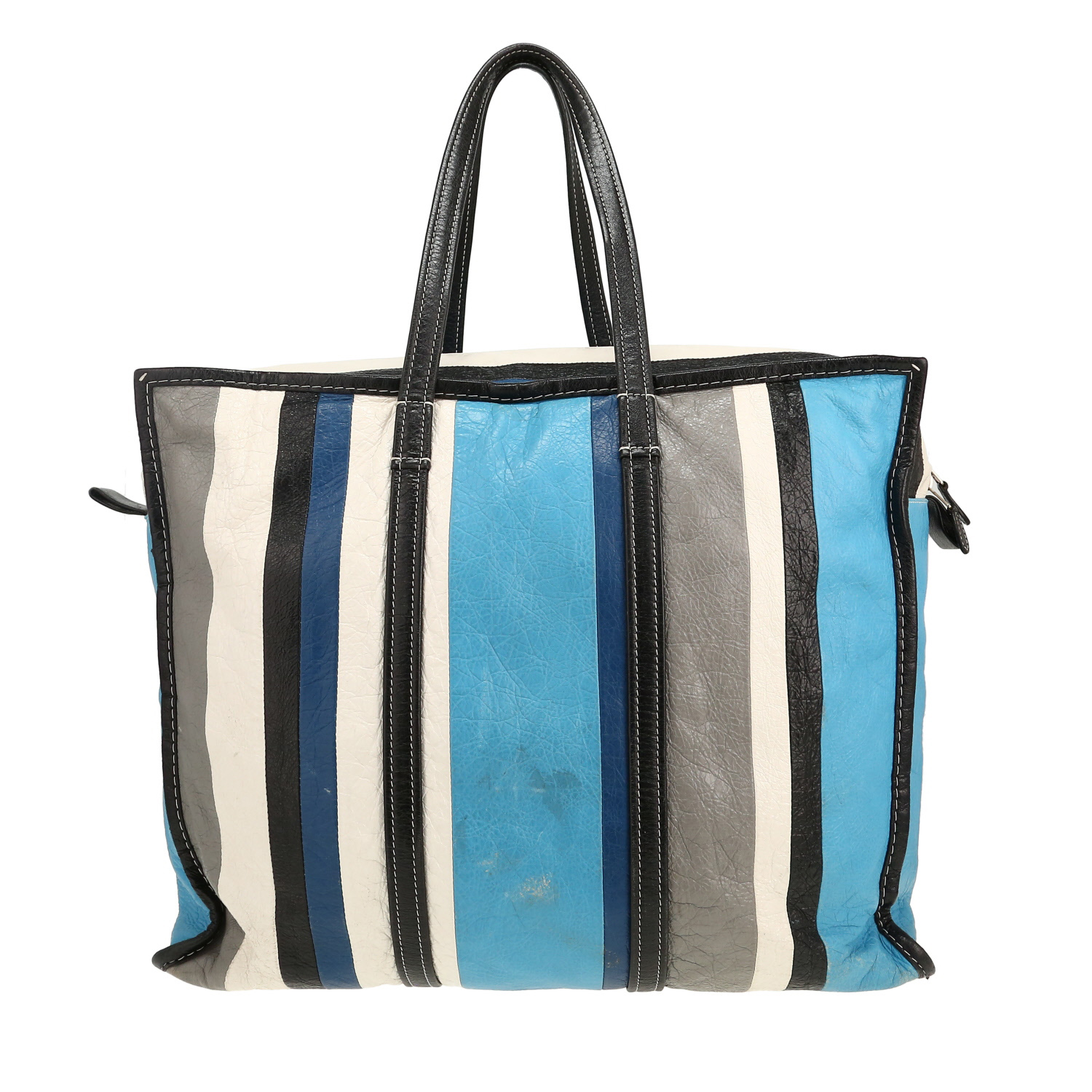 Shopping bag Balenciaga  Bazar shopper modello grande  in pelle nera bianca e blu - Detail D4