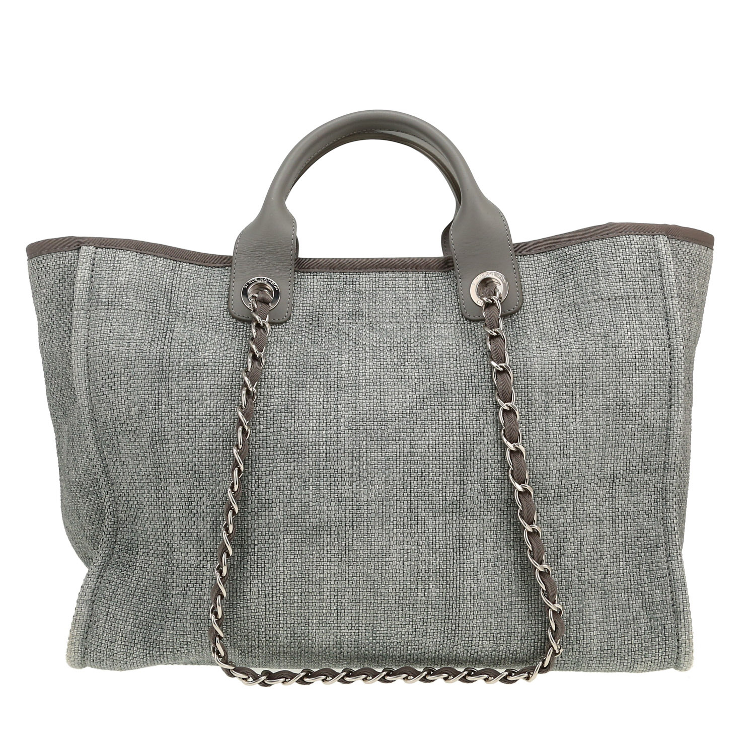 Chanel  Deauville shopping bag  in grey canvas  and grey leather - Detail D4