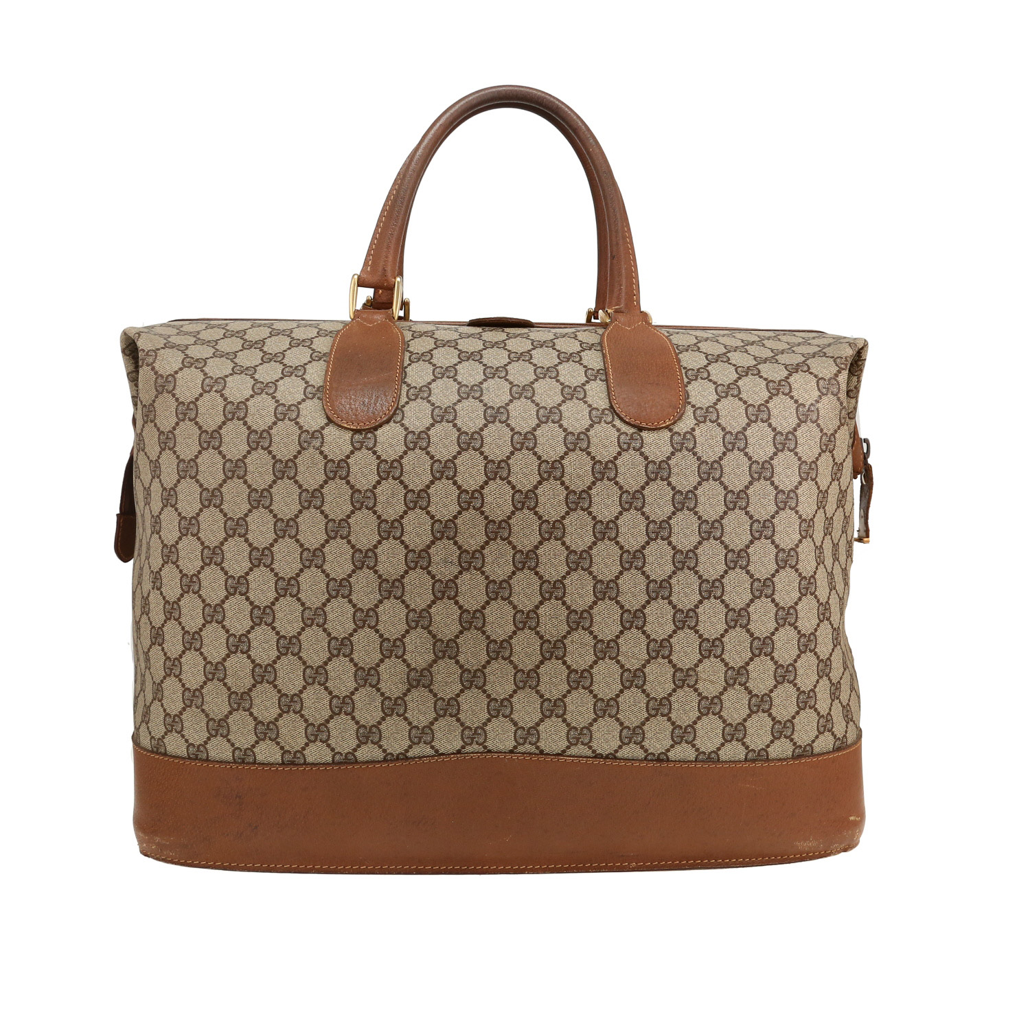 Gucci travel bag in beige monogram canvas and brown leather - Detail D4