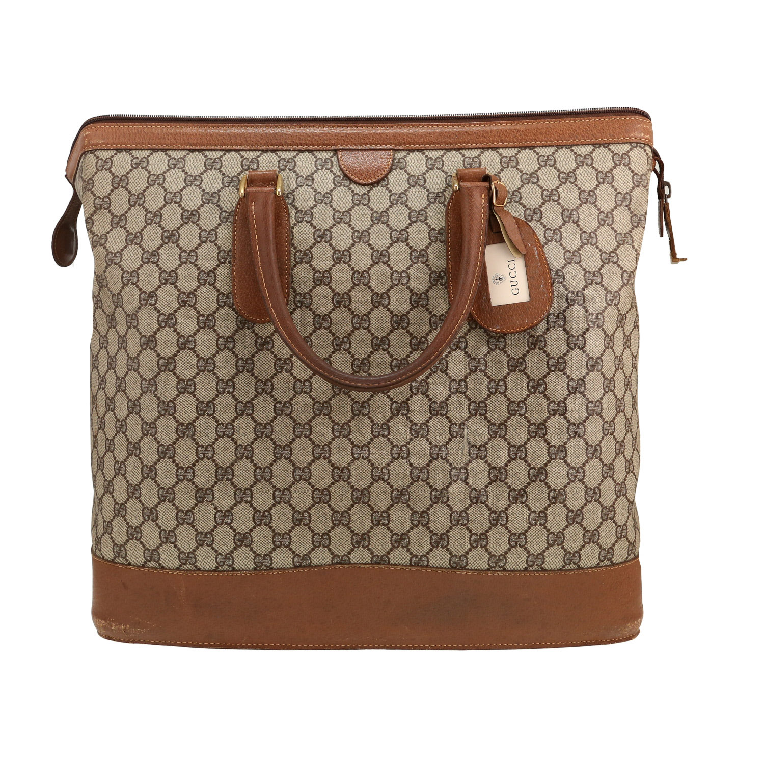 Gucci travel bag in beige monogram canvas and brown leather - Detail D5