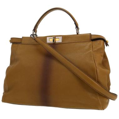 Bolso de mano Fendi  Peekaboo modelo grande  en cuero caqui y marrón