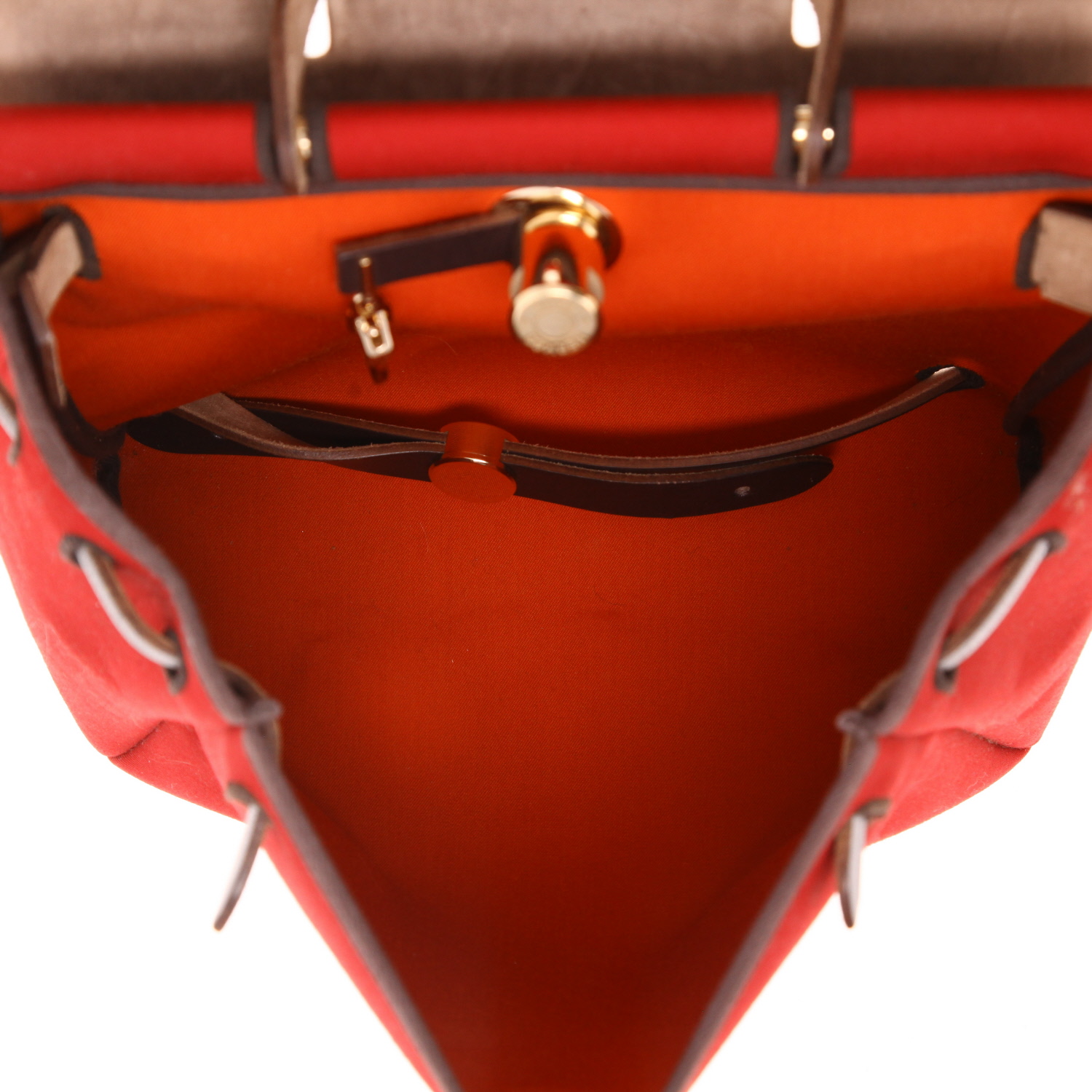 Sac à dos Hermès  Herbag en toile rouge et cuir marron - Detail D3