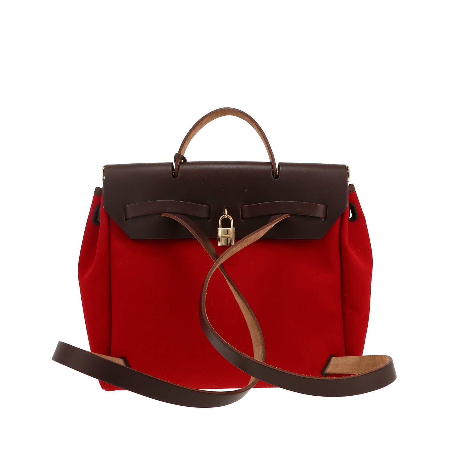 Sac à dos Hermès  Herbag en toile rouge et cuir marron - Detail D4