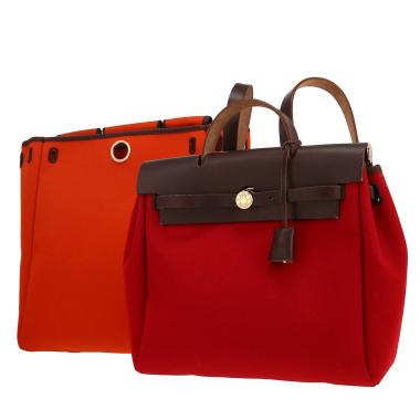 Zaino Hermès  Herbag in tela rossa e pelle marrone
