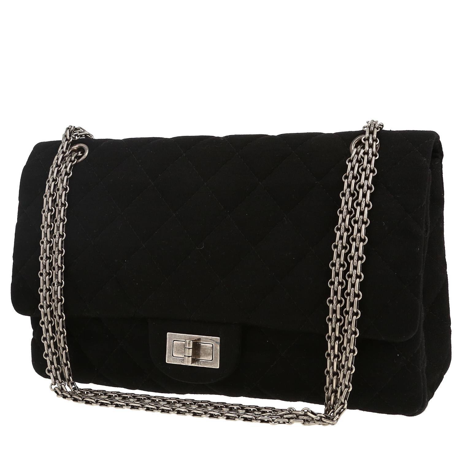 Chanel 2.55 large model handbag in black quilted jersey