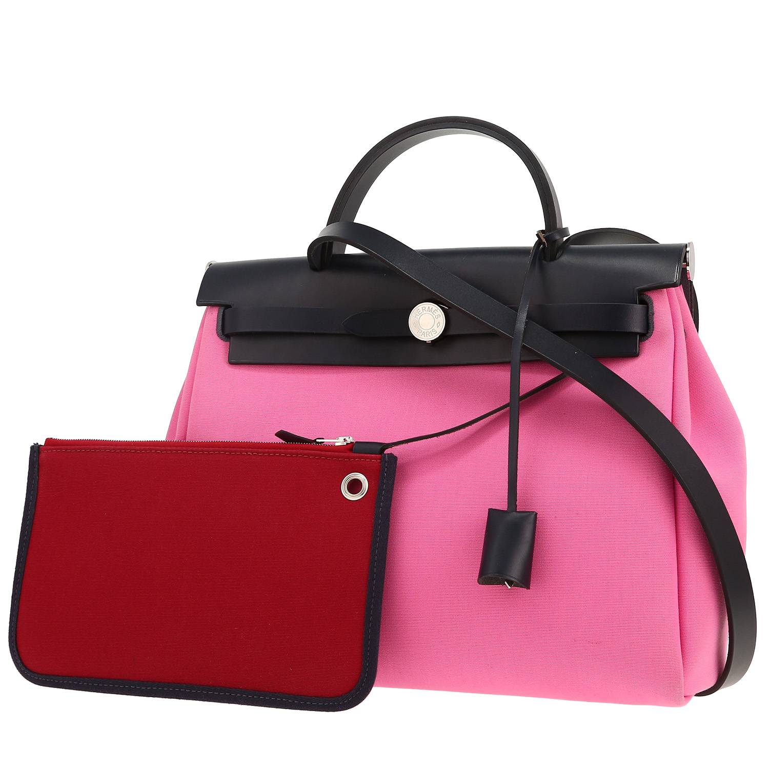 Bolso de mano Hermès  Herbag en lona rosa y color burdeos y cuero azul marino