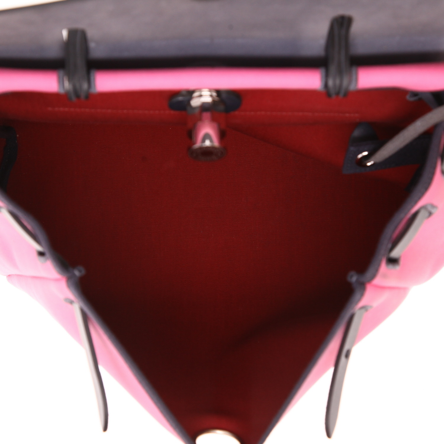 Hermès Herbag handbag in pink and burgundy canvas and navy blue leather - Detail D3