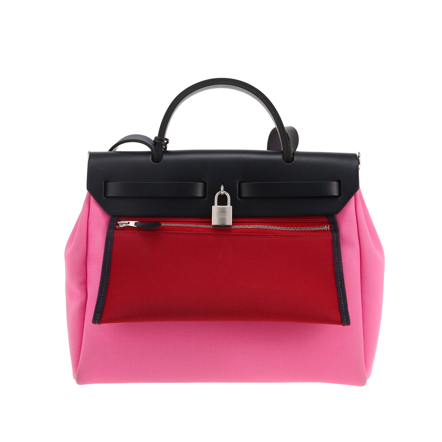Hermès Herbag handbag in pink and burgundy canvas and navy blue leather - Detail D4