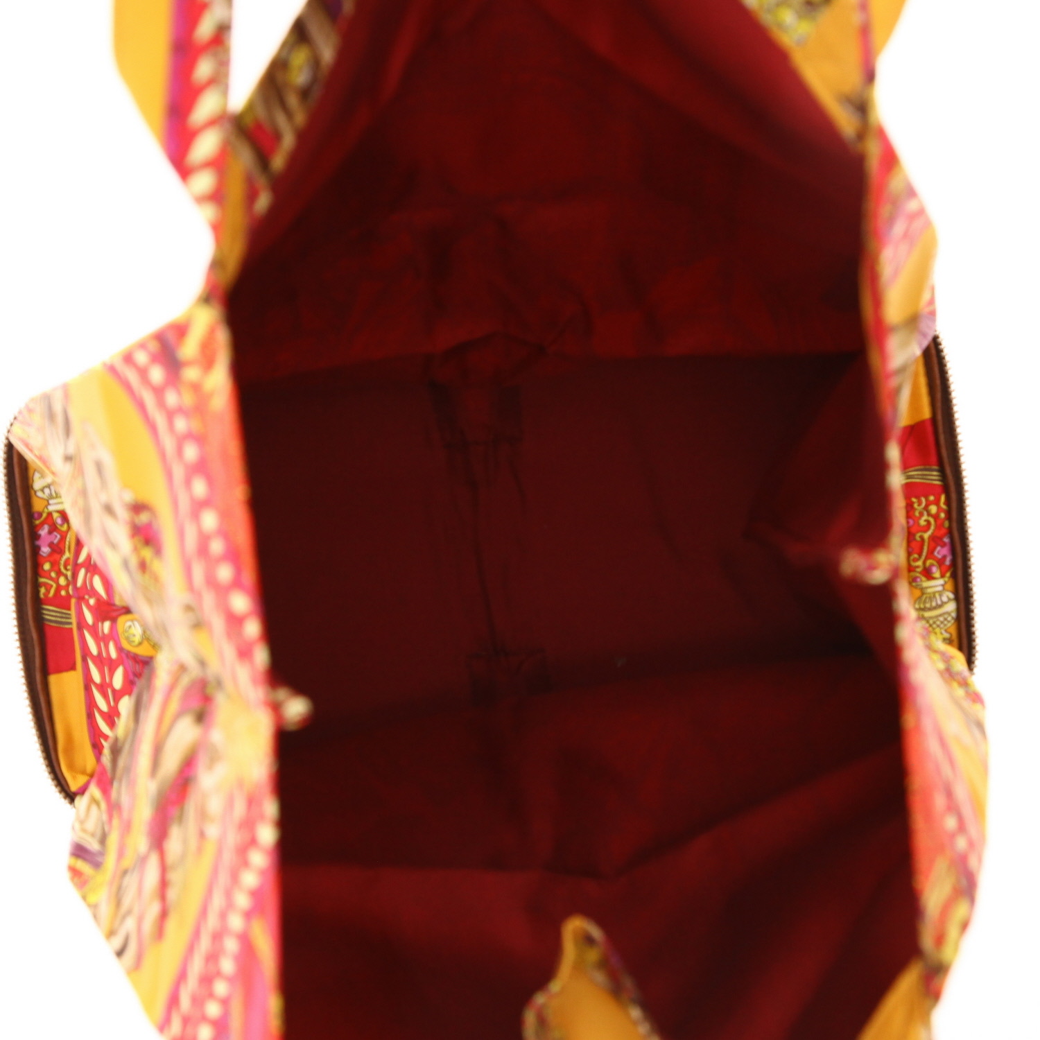 Sac cabas Hermès Silky Pop - Shop Bag en toile imprimée jaune et rose et cuir marron - Detail D3