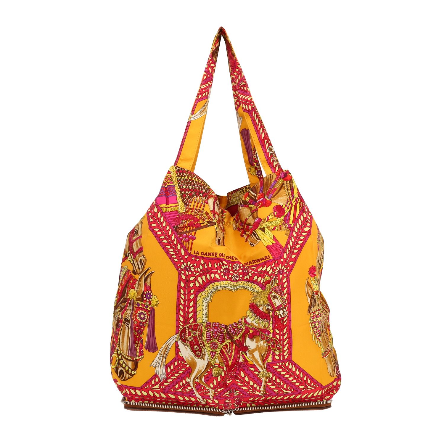 Sac cabas Hermès Silky Pop - Shop Bag en toile imprimée jaune et rose et cuir marron - Detail D5