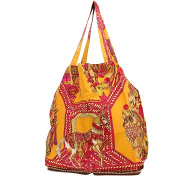 Hermès  Silky Pop - Shop Bag shopping bag  in yellow and pink printed canvas  and brown leather