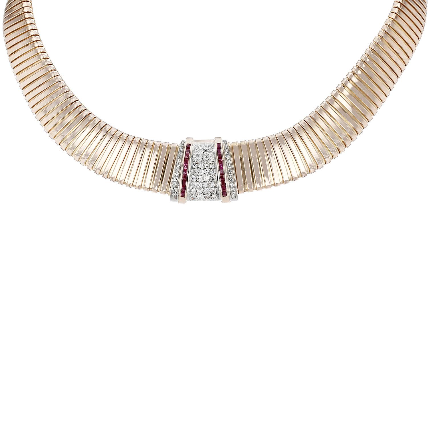 Collier années 1940's Vintage en or rose, platine, diamants et rubis synthétiques - 00pp