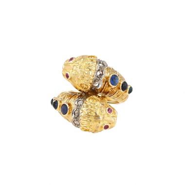 Lalaounis Animal Head ring in yellow gold, sapphires and diamonds
