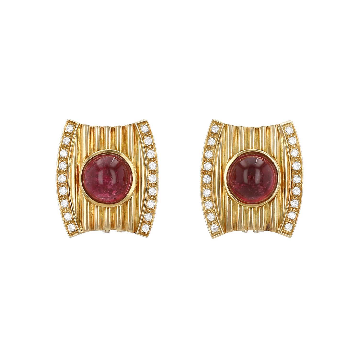 Paire de boucles d'oreilles Vintage  en or jaune, tourmalines et diamants - 00pp