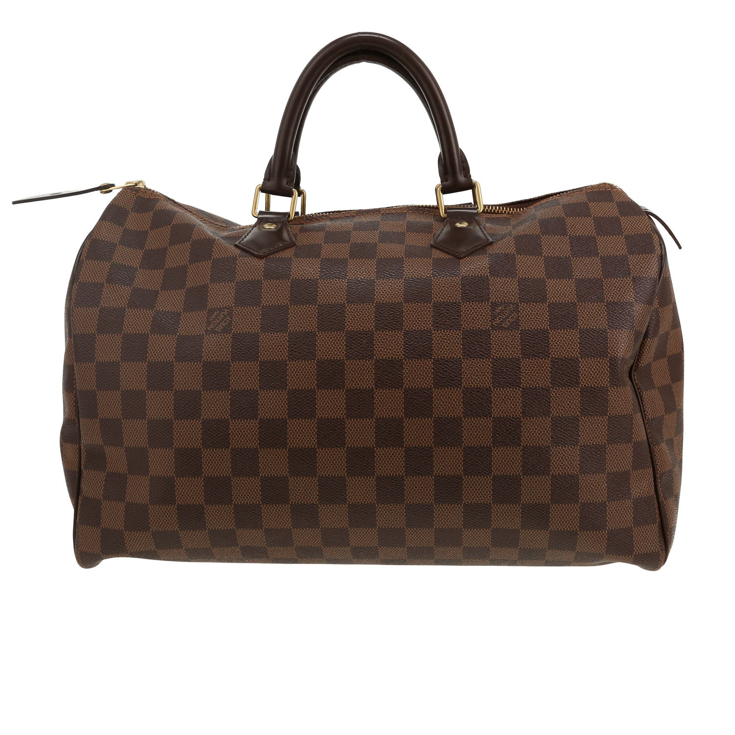 Louis Vuitton  Speedy 35 handbag  in ebene damier canvas  and brown leather - Detail D4