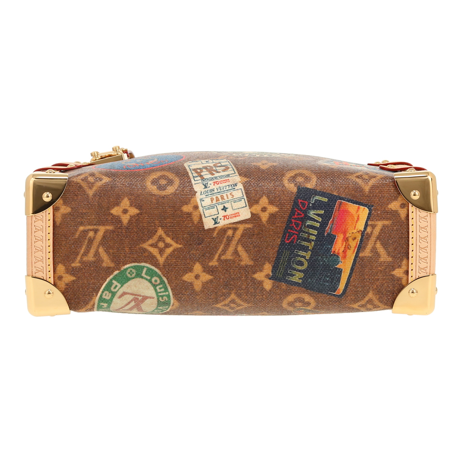 Louis Vuitton  Side Trunk Editions Limitées handbag  in brown monogram canvas  and natural leather - Detail D1