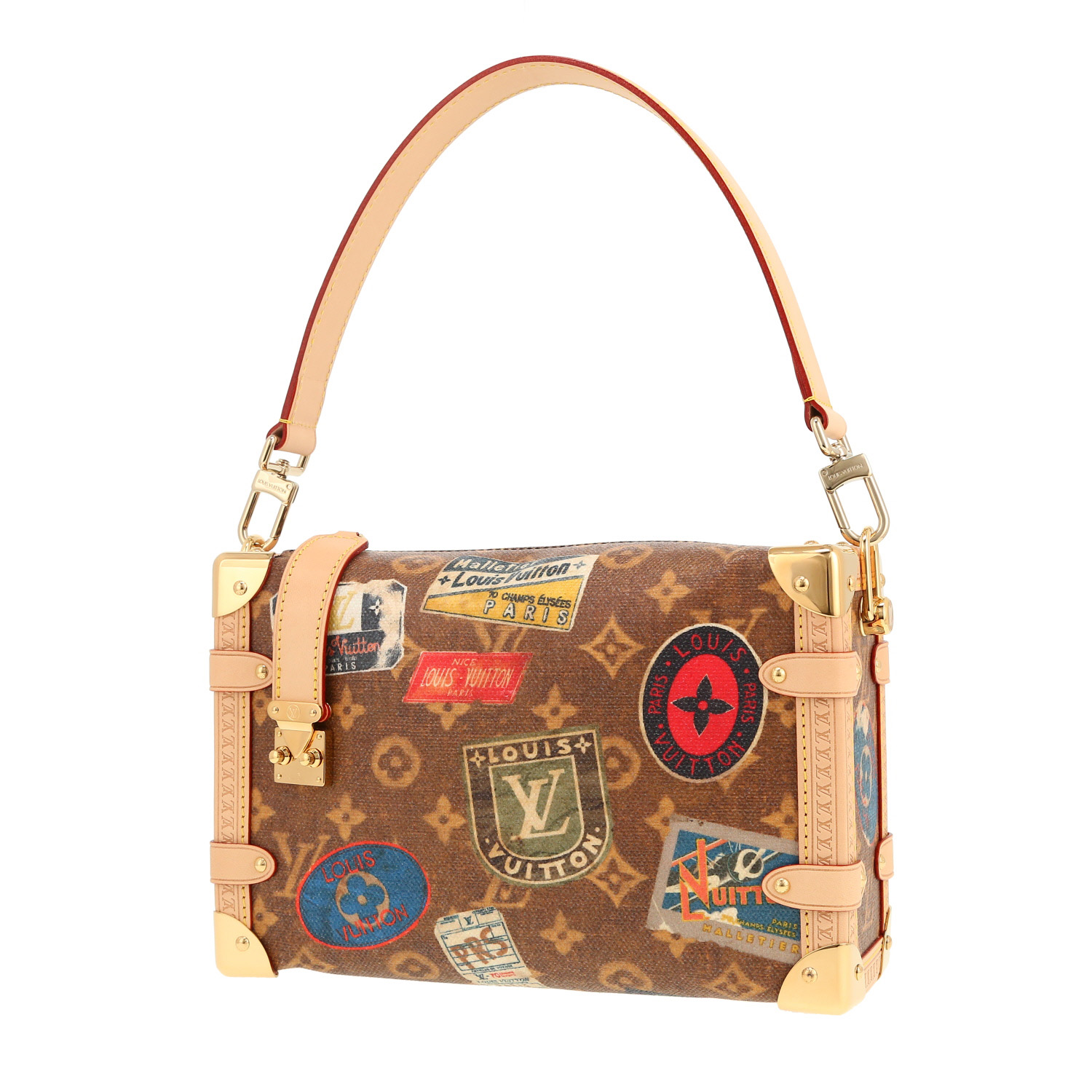 Louis Vuitton  Side Trunk Editions Limitées handbag  in brown monogram canvas  and natural leather - Detail D4