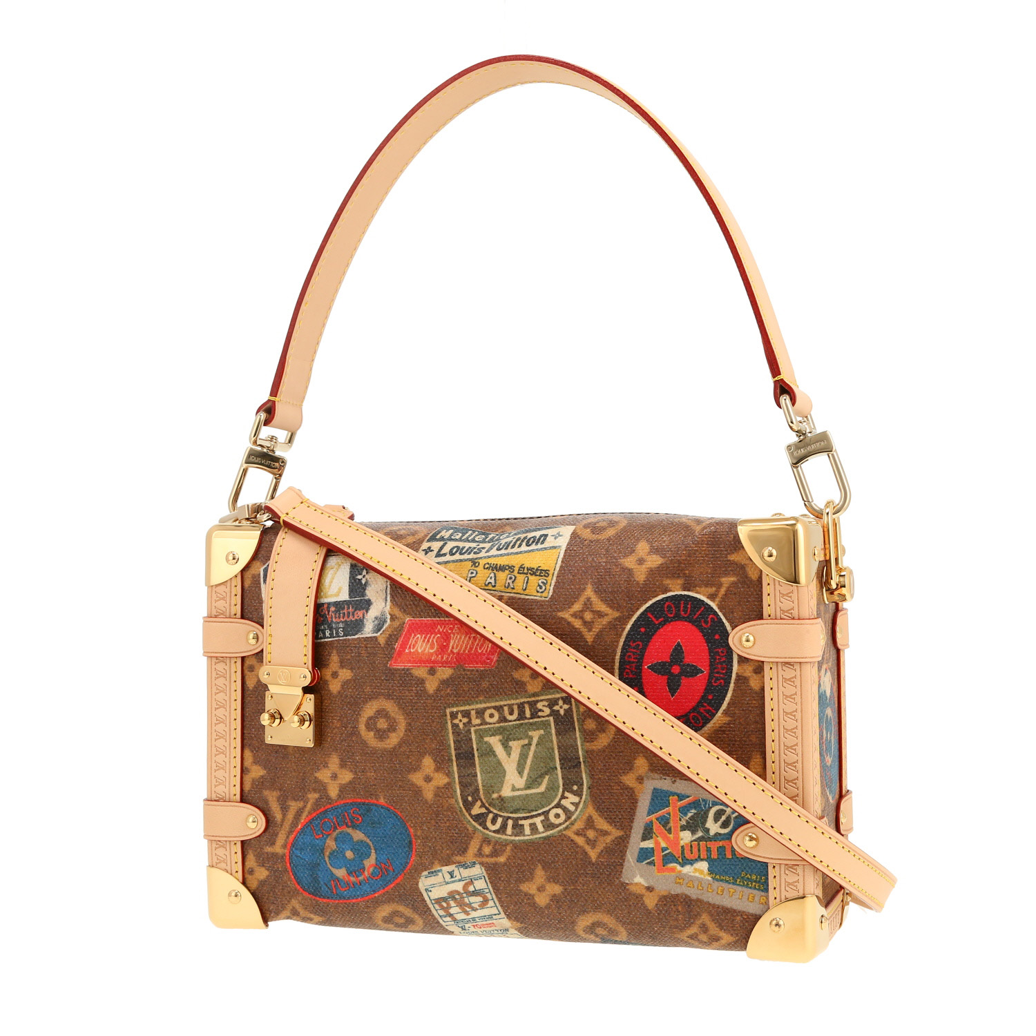 Bolso de mano Louis Vuitton  Side Trunk en lona Monogram marrón y cuero natural - Detail D5