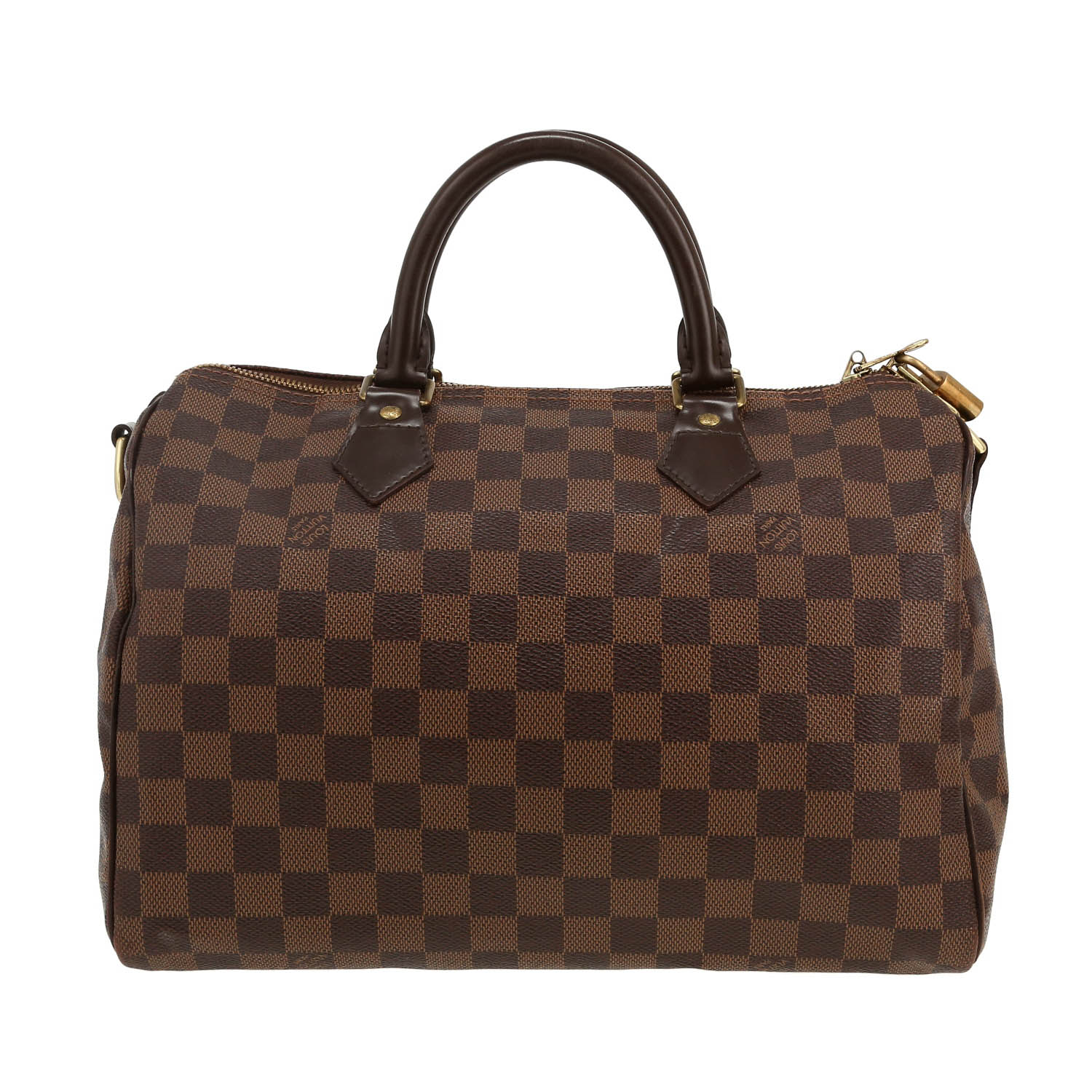 Sac à main Louis Vuitton  Speedy 30 en toile damier ébène et cuir marron - Detail D4