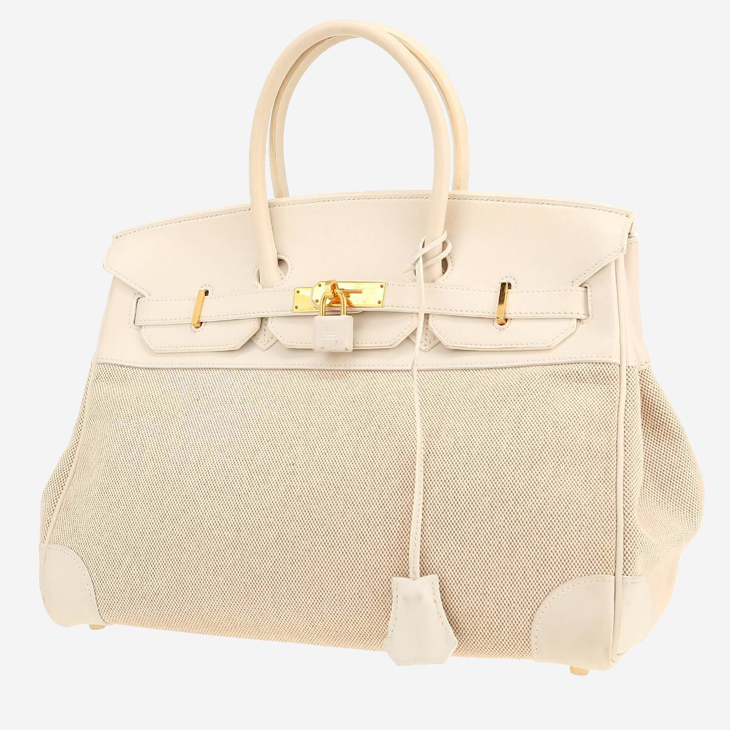 Bolso de mano Hermès  Birkin 35 cm en cuero blanco y lona beige