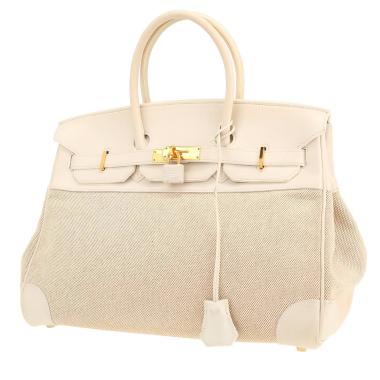 Bolso de mano Hermès  Birkin 35 cm en cuero blanco y lona beige
