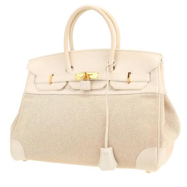 Hermès  Birkin 35 cm handbag  in white leather  and beige canvas