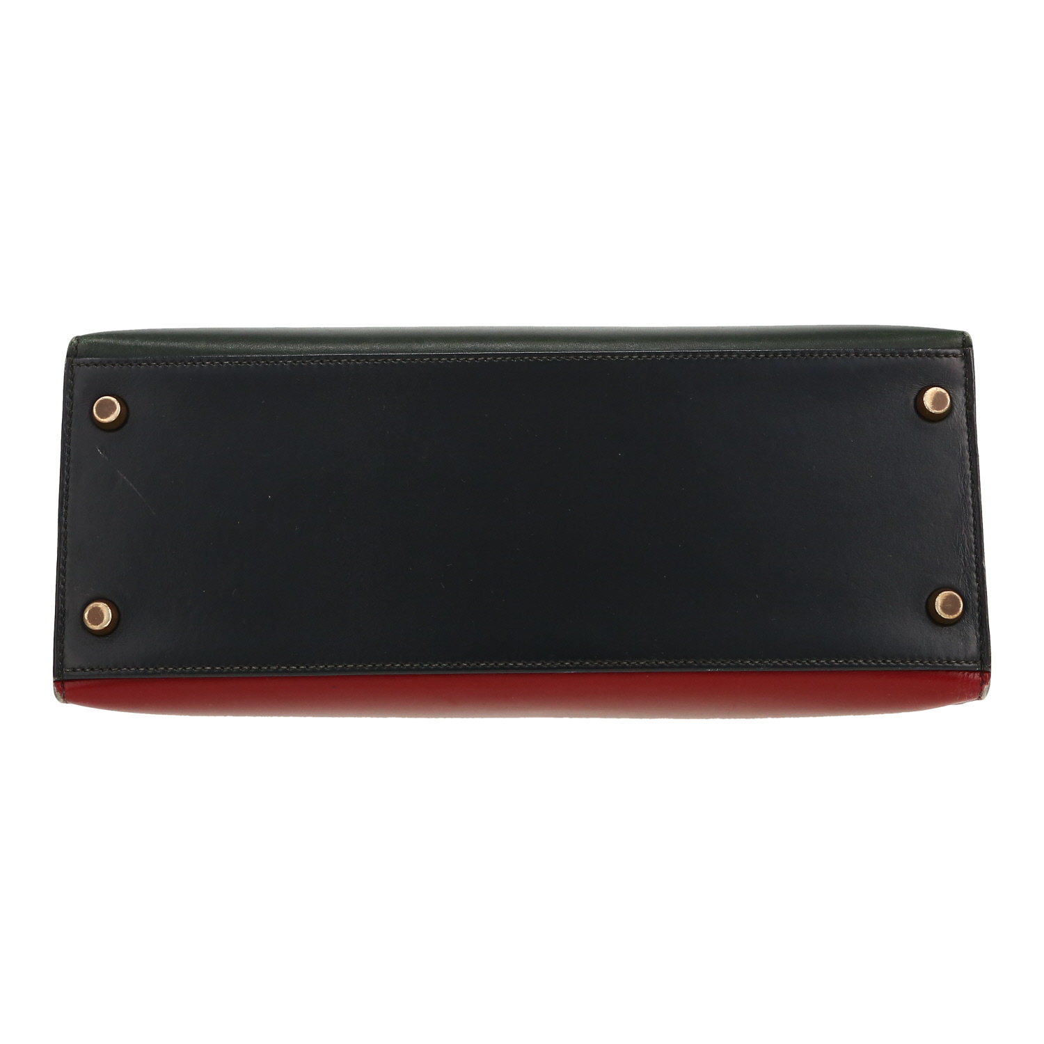 Hermès  Kelly 28 cm handbag  in green, navy blue and red box leather - Detail D1
