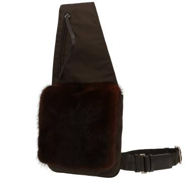 Prada   pouch  in black canvas  and brown furr