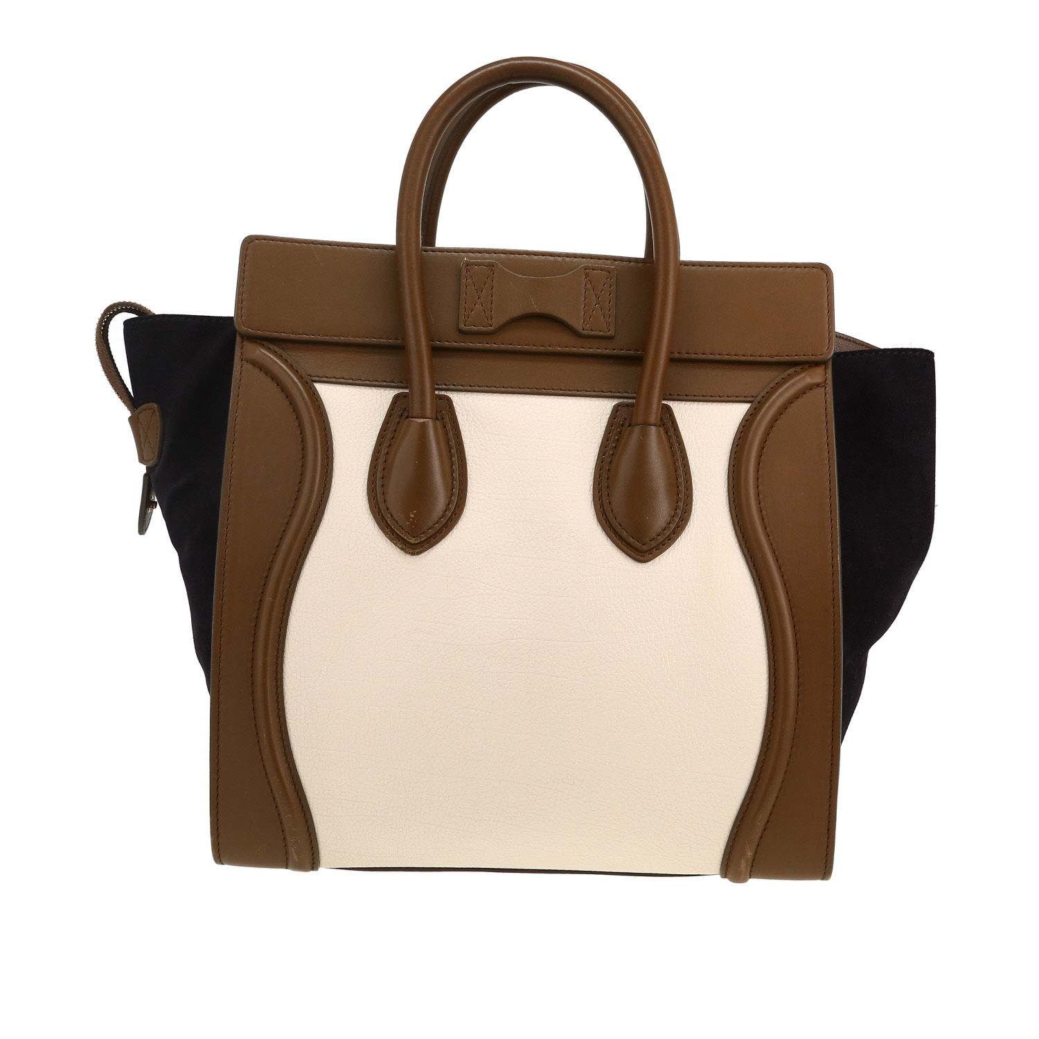 Borsa Celine  Luggage Micro in pelle tricolore marrone bianco sporco e nera - Detail D4