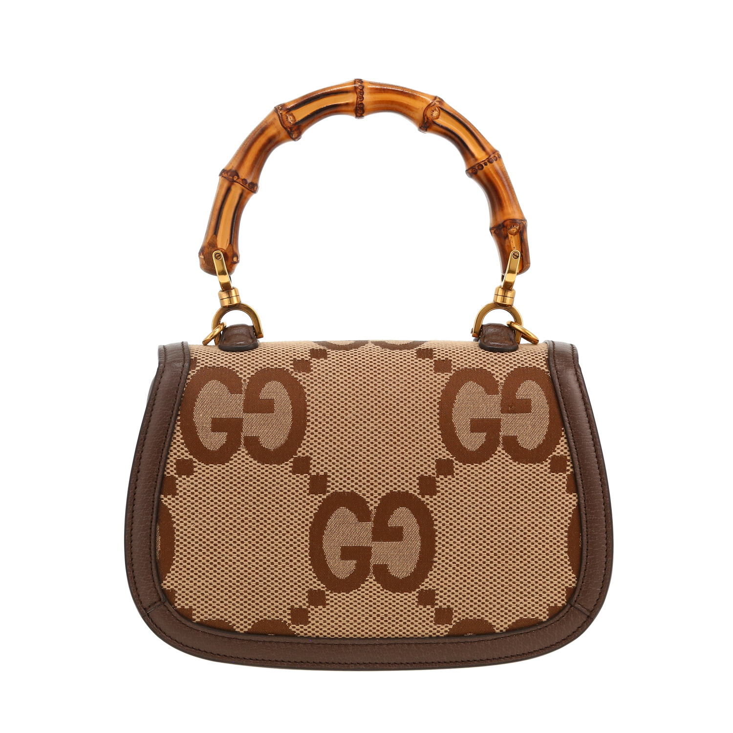 Sac bandoulière Gucci  Bamboo petit modèle en toile siglée beige et marron et cuir marron - Detail D4