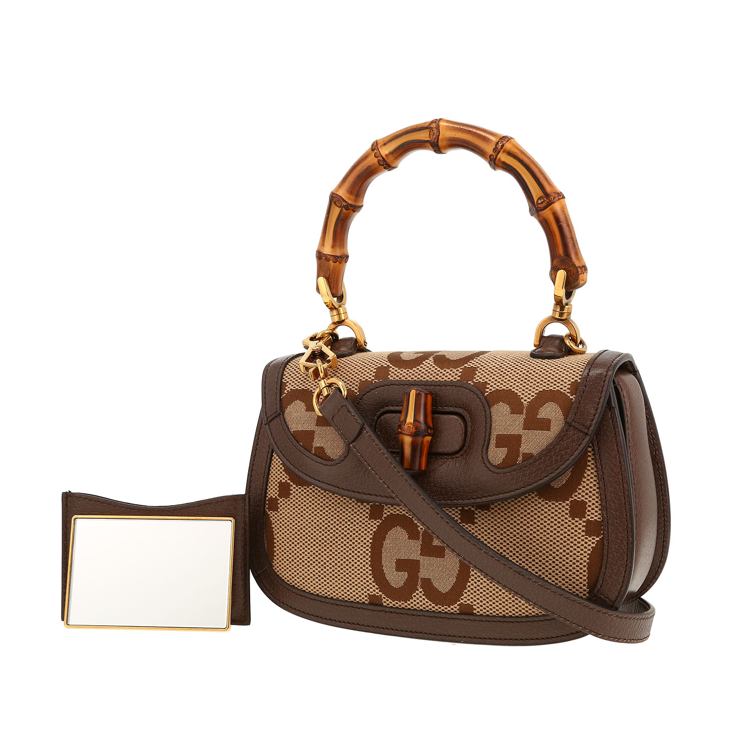 Bolso bandolera Gucci  Bamboo modelo pequeño  en lona monogram beige y marrón y cuero marrón - Detail D5